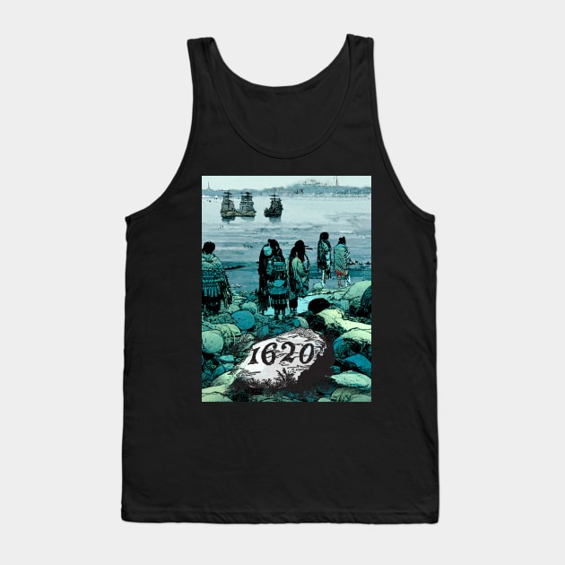 Indigenous Peoples Day, a Day of Mourning: Here They Come, Plymouth Rock 1620 on a Dark Background Tank Top by Puff Sumo